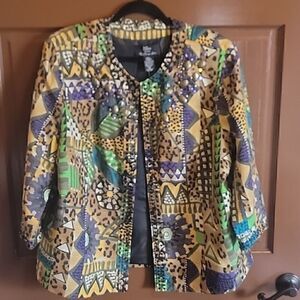 Trenz-Silk purple & green print jkt.  1X. NWT. 3/4 Sleeves. Round neck.